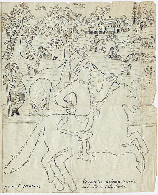 hela första sidan av brevet, men en man till häst och små figurer i bakgrunden