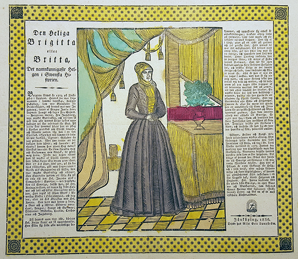 bild på hela kistebrevet, där bilden av Birgitta på båda sidorna omges av text, och text ochbild inramas av en gul ram