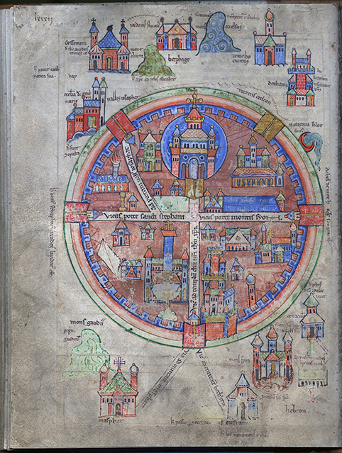 en karta med en rundel med raka vägar och byggnader i, vilken förestäler jerusalem, med kyrkor och kullar omkring