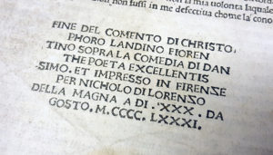 kolofon från boken, där tryckåret 1481 och tryckorten Florens framgår