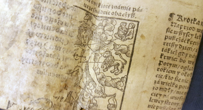detalj av makulatur på insidan av ett pergamentband