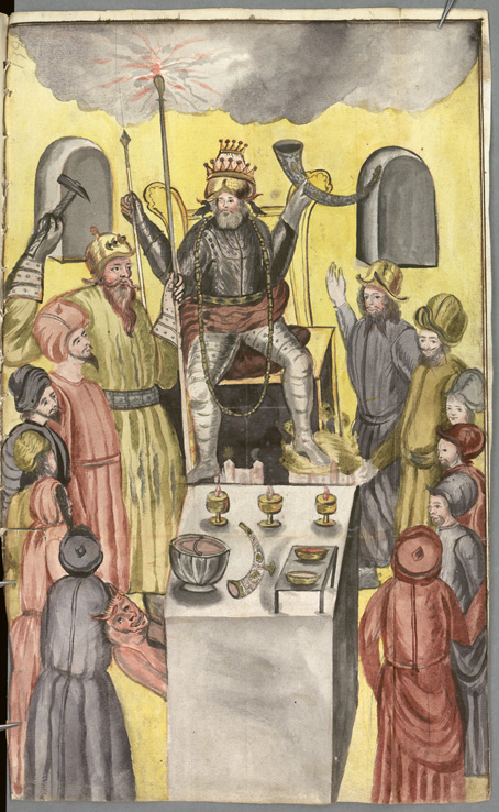 Akvarell över de nordiska gudarna tecknade i gula och röda färger. Oden har full rustning på sig och sitter med krona på huvudet och bägare i handen.