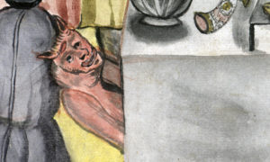 detalj från målningen med en röd djävul som tittar fram under ett bord