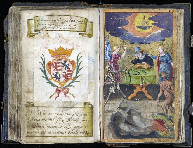 ett uppslag ur stamboken med en vapensköld och en målning av en läsande man omringad av ängel och djävul