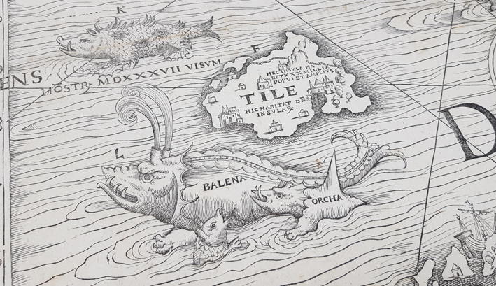 detalj från kartan med ett ocjur som ser utsom en blandning mellan val och krokodil, med två horn ur vilka det sprutar vatten på huvudet, två mindre sjöodjur ligger vid dess mage och över odjuret syns en ö med namnet Tile skrivet ovanpå
