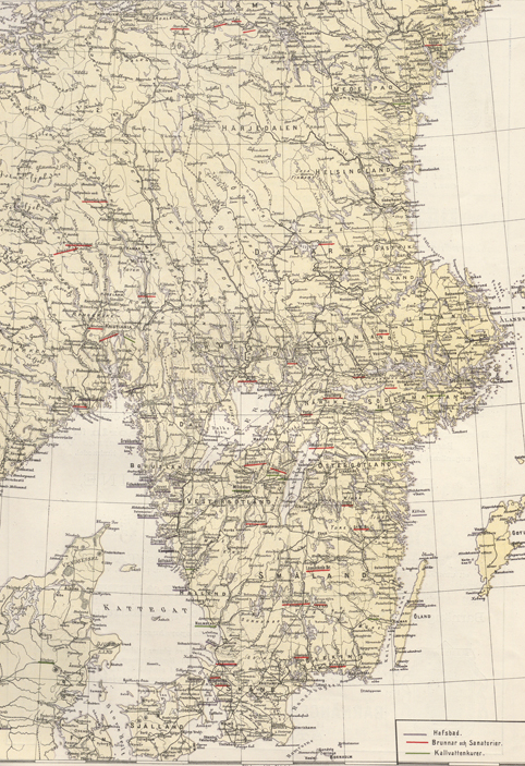 karta över delar av Norden med markeringar för badorter