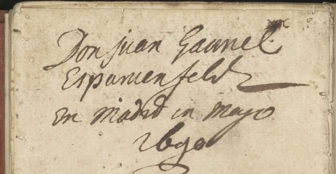 inskrift av Johan Gabriel Sparwenfeld som säger att boken förvärvats i Madird 1690